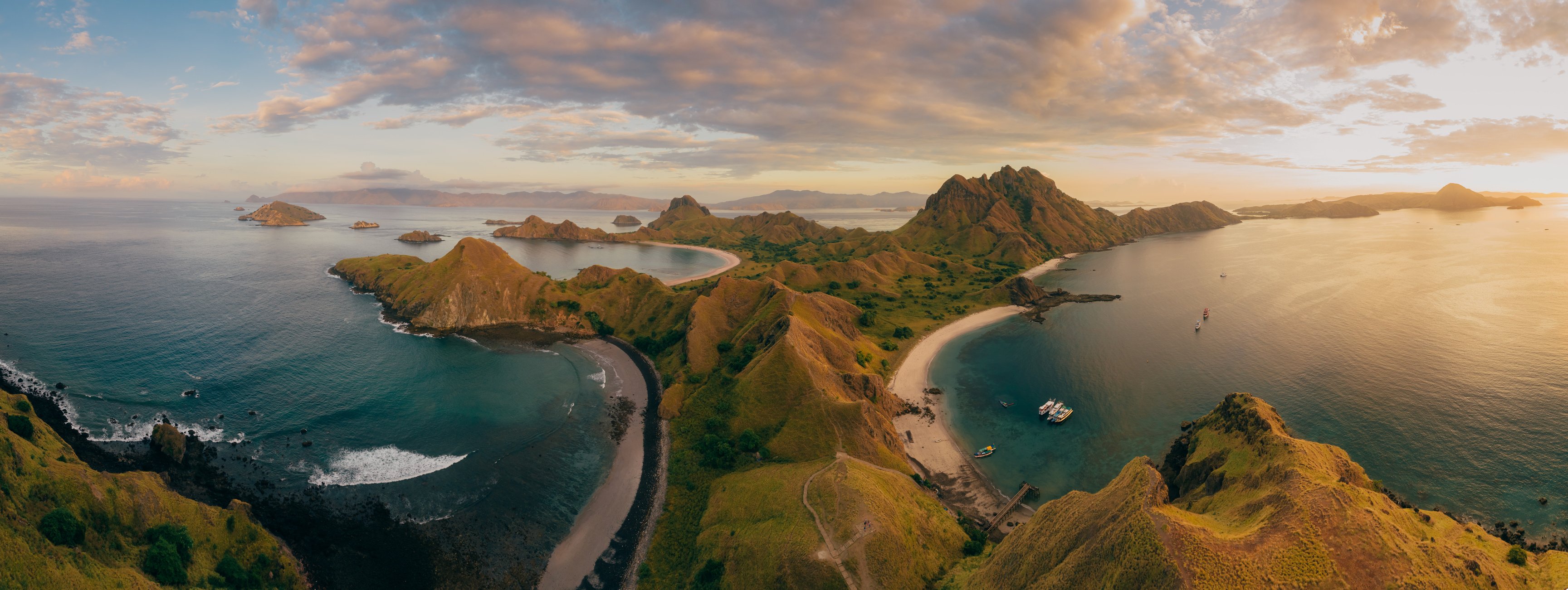 Padar island.pink beach.Flores tropical paradise. Labuan Bajo. panorama drone